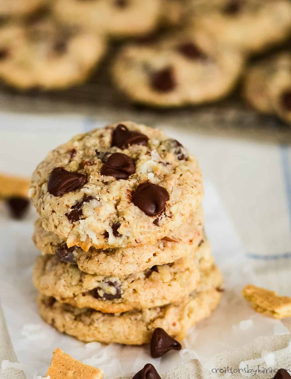 stack of graham cracker chocolate chip cookies on waxed paper