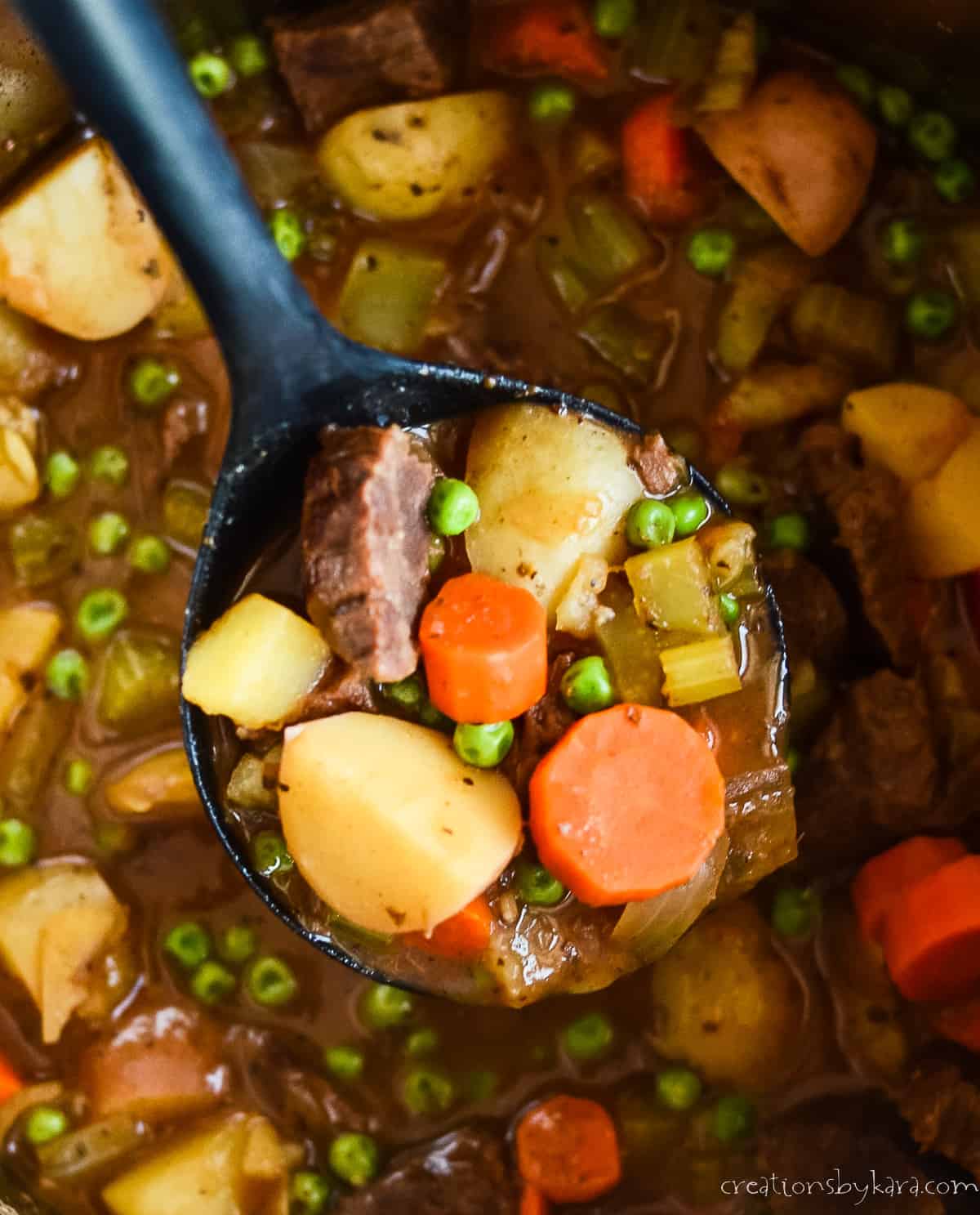 soup ladle of beef stew over an instant pot