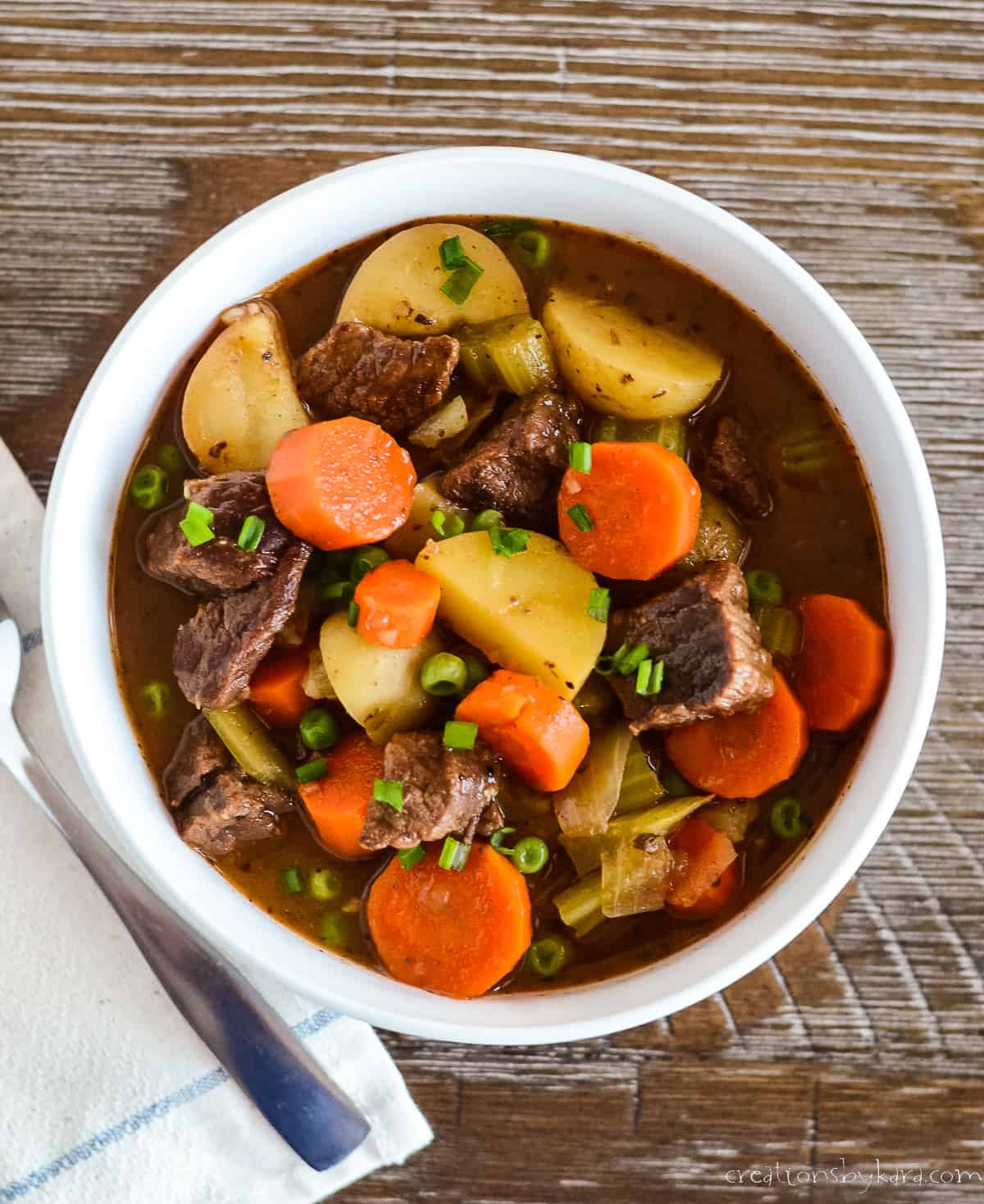 overhead shot of bowl of stew made in the instant pot