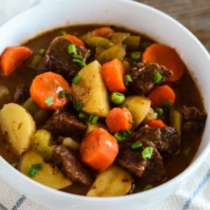 close up shot of bowl of instapot beef stew