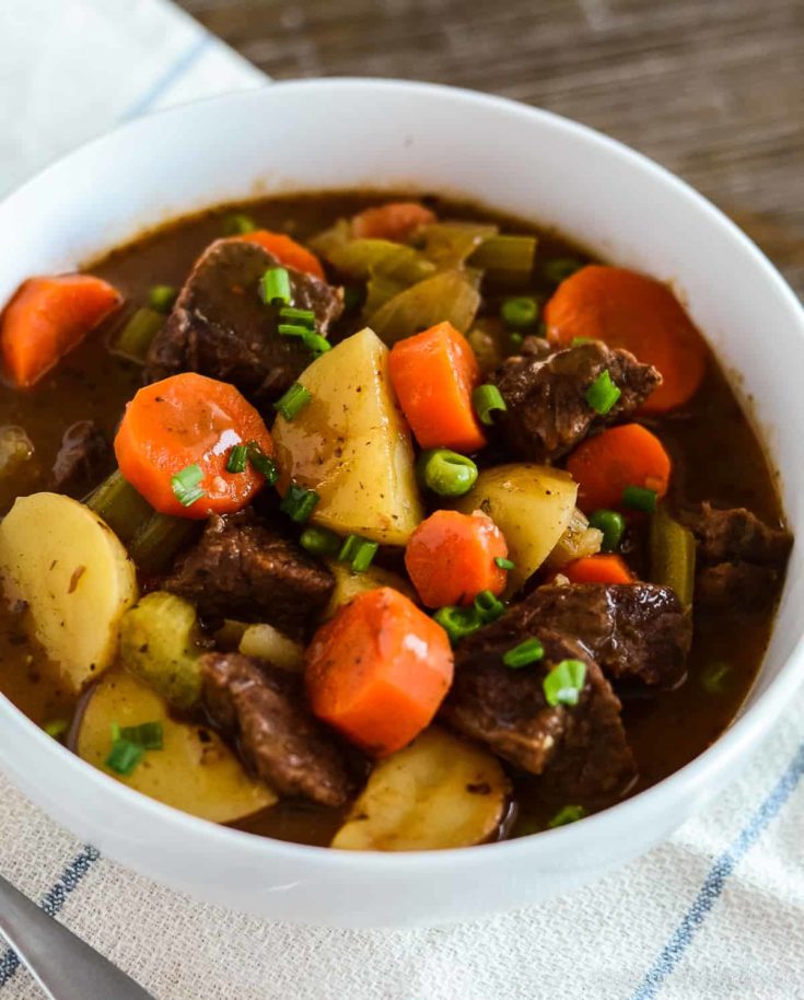 close up shot of bowl of instapot beef stew