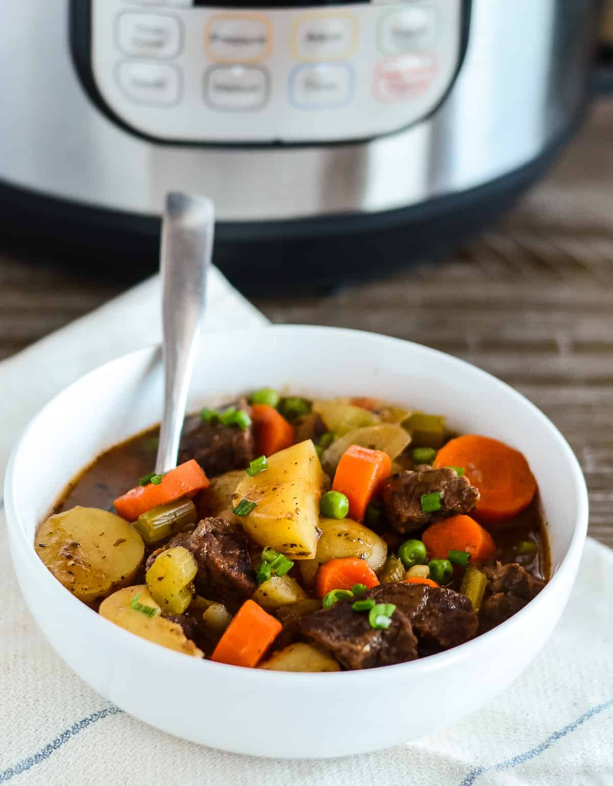 bowl of beef stew with an instant pot in the background