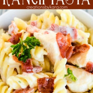 bacon chicken ranch pasta recipe collage
