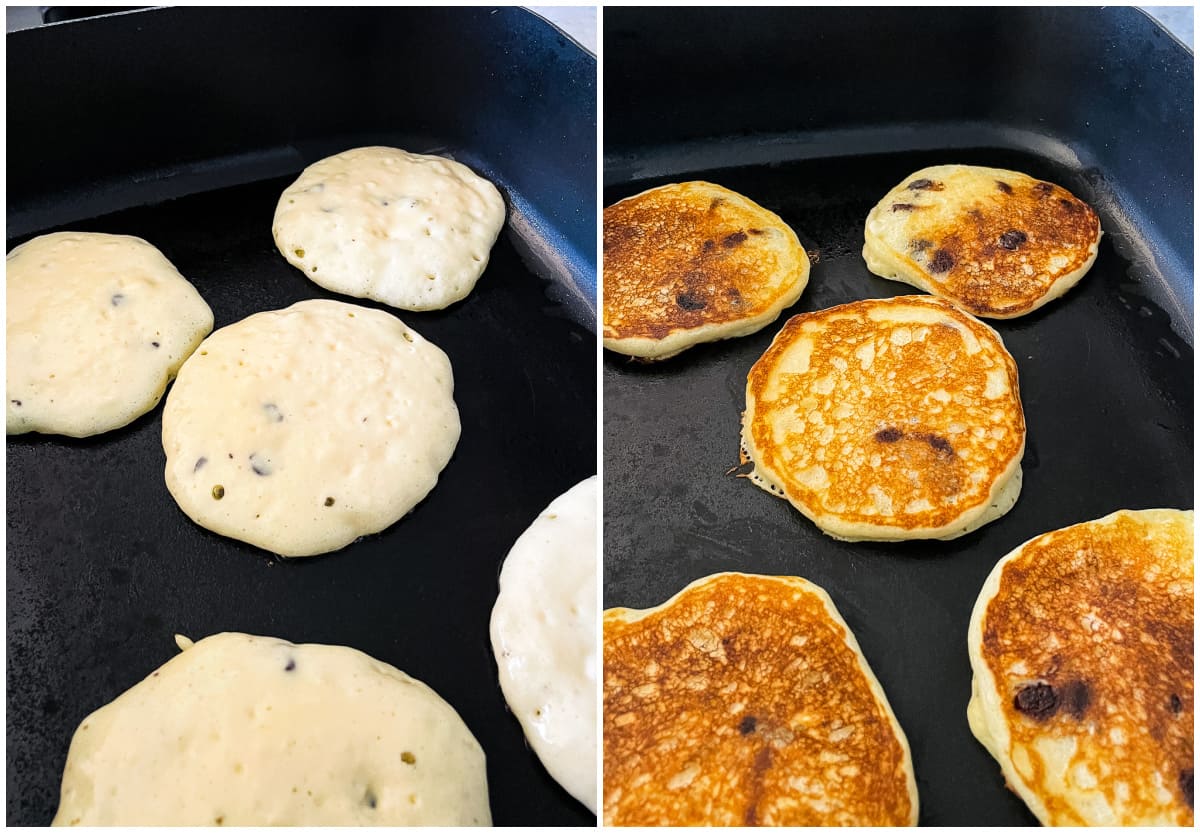 chocolate chip pancakes being cooked on an electric skillet