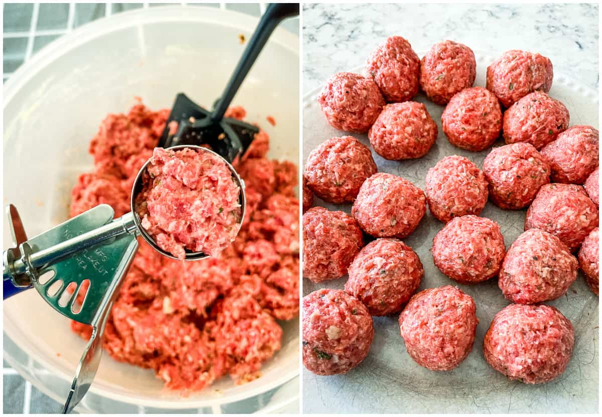 process shots - scooping meatballs, and raw meatballs on a plate