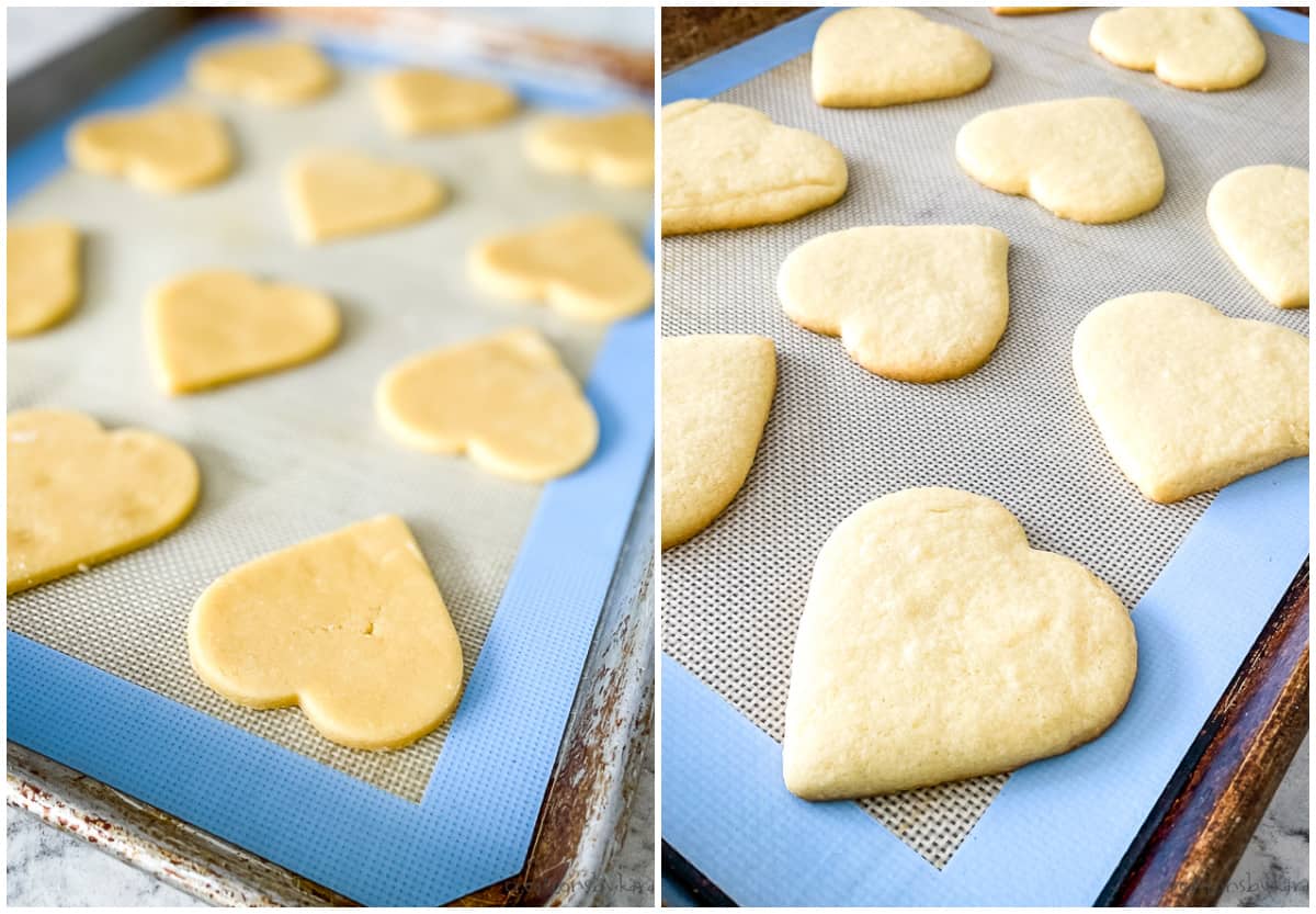 process shots- unbaked and baked heart shaped sugar cookies on pans
