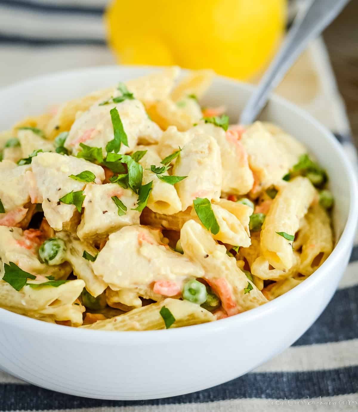 bowl of lemon pepper pasta with chicken