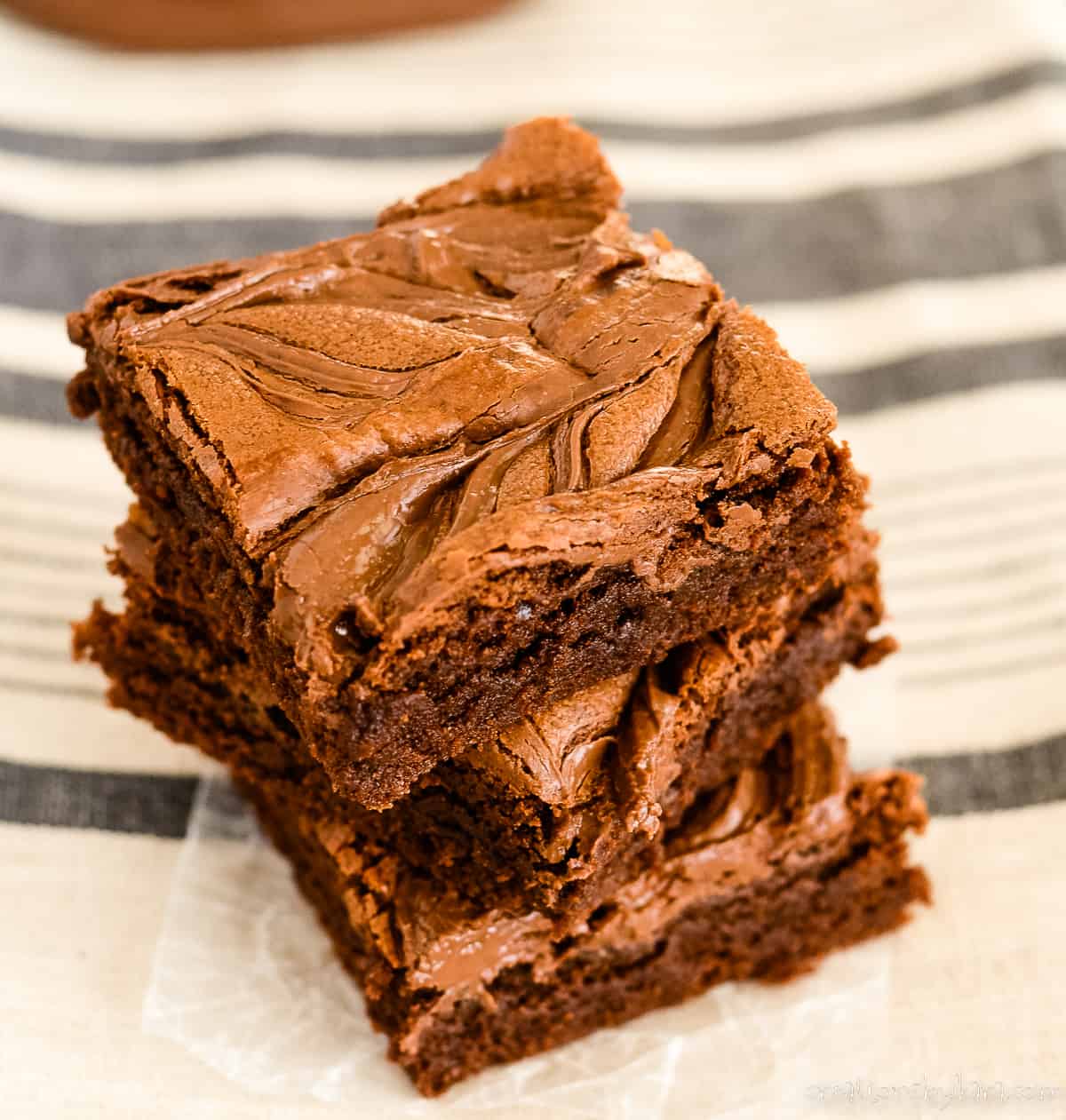 stack of fudgy brownies with chocolate hazelnut spread