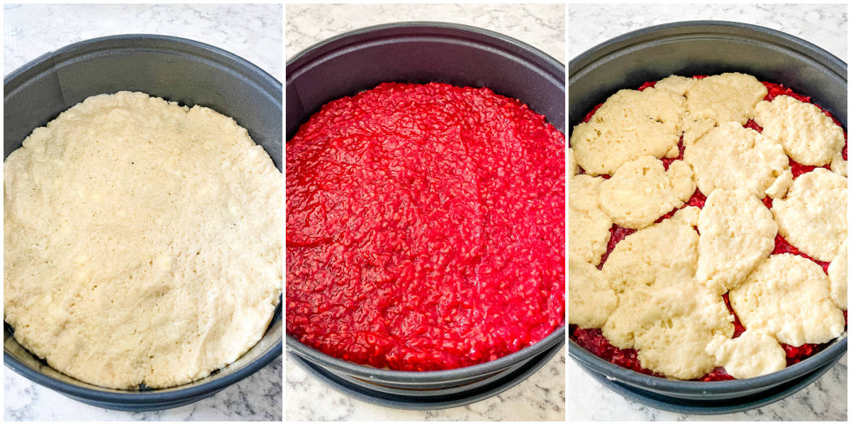 process shots - assembling rasberry coffee cake in a springform pan