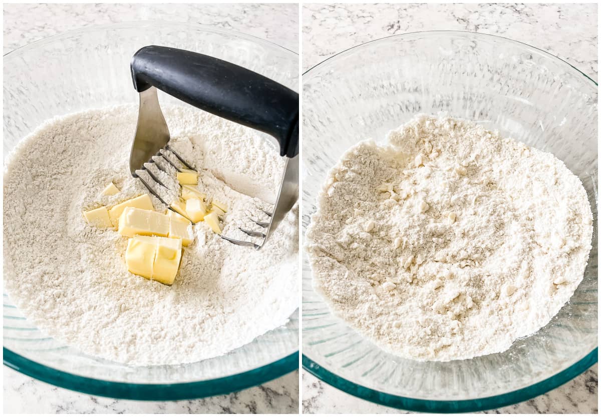 process shots - butter being cut into a bowl of dry ingredients with a pastry cutter