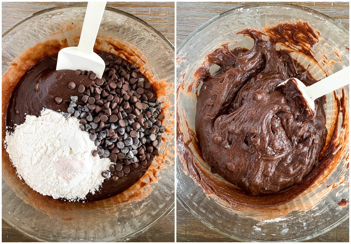 process shots - adding dry ingredients to brownie batter
