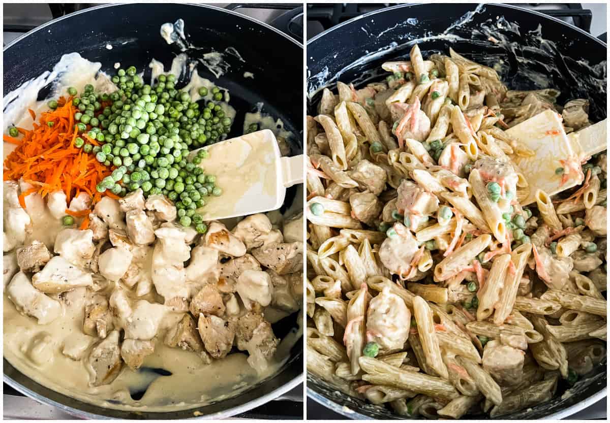 process shots - lemon pepper chicken, pasta, and veggies in a skillet