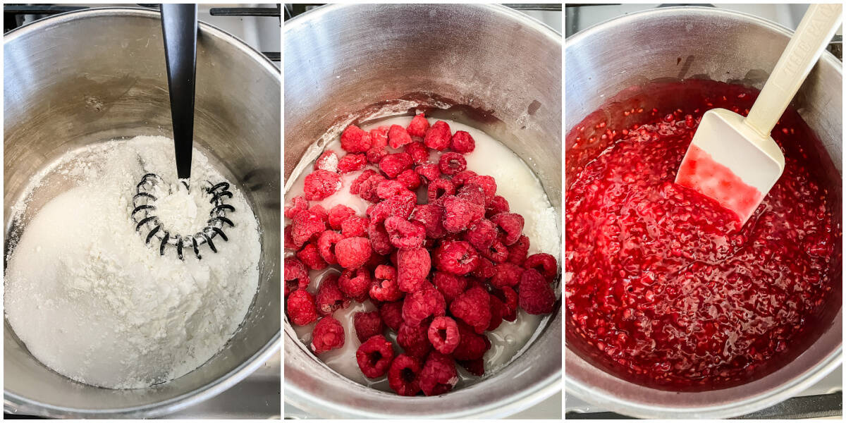 process shots - making raspberry filling in a saucepan
