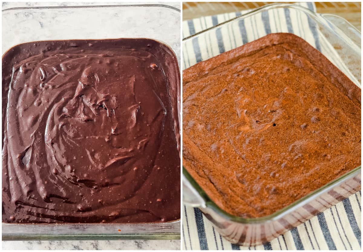 process shots - unbaked and baked pans of brownies