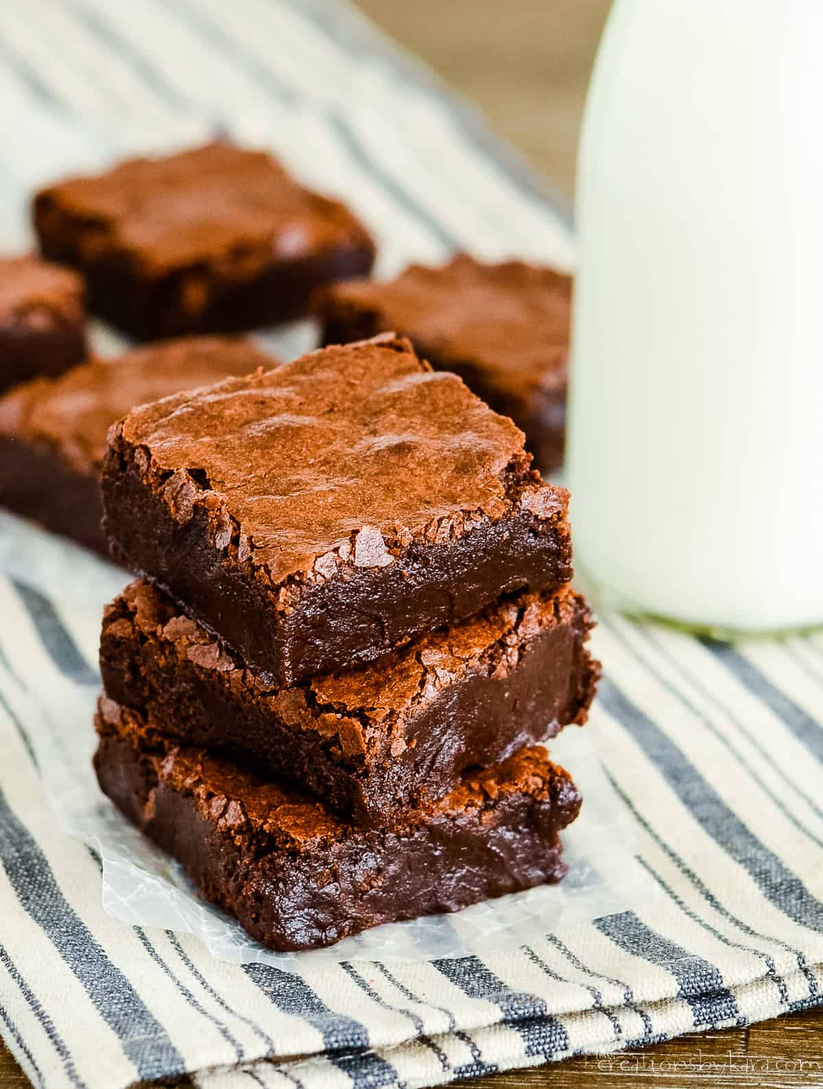 stack of brownies made with cocoa powder with milk in the background