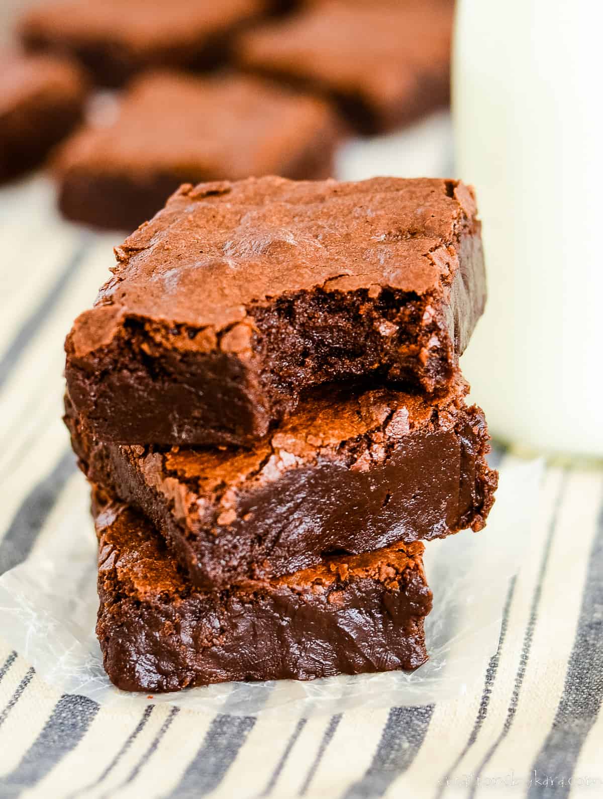 fudgy brownies with cocoa powder, one with a bite taken out of it