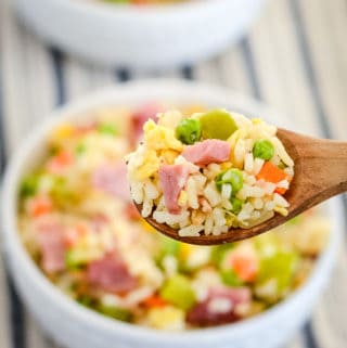 spoonful of ham fried rice over a bowl of rice