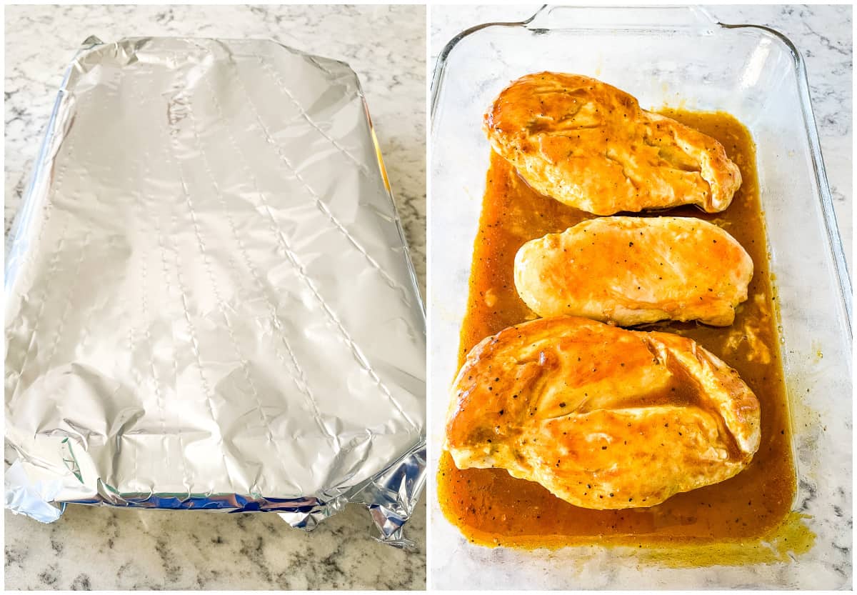 process shots - pan of chicken covered with foil, then uncovered