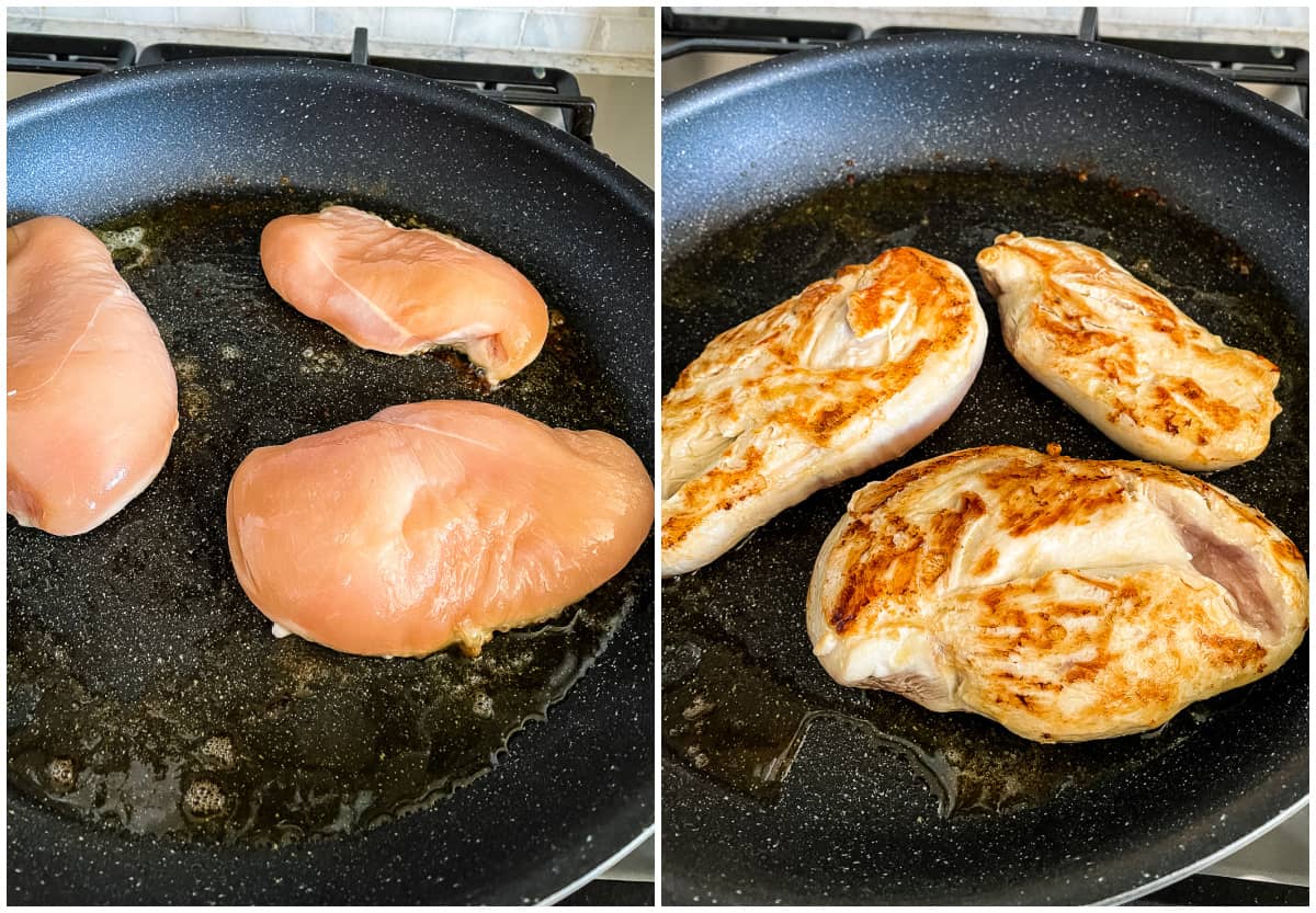 chicken breast browning in a skillet