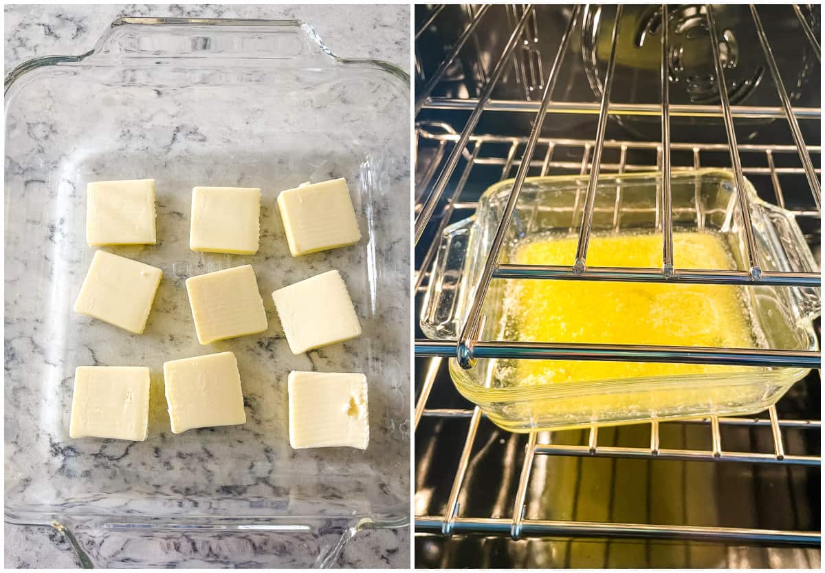 melting butter in a pan in the oven