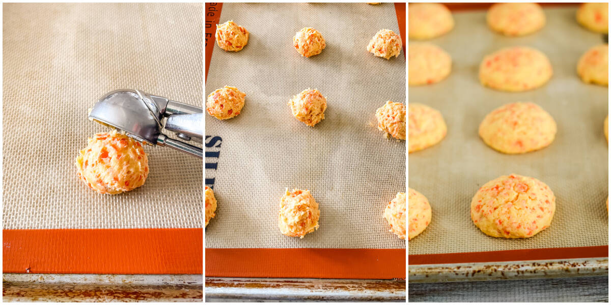 process shots - unbaked and baked cookies on cookie sheets