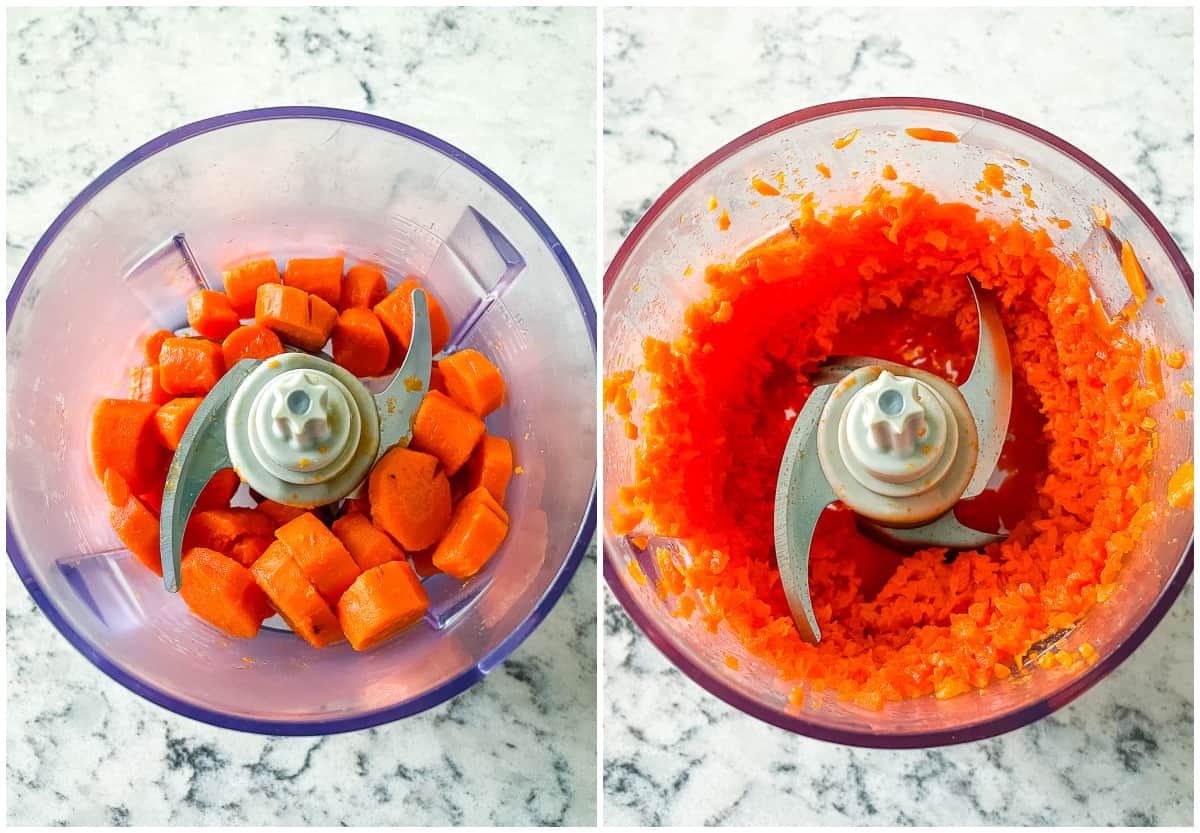 food processor with mashed cooked carrots