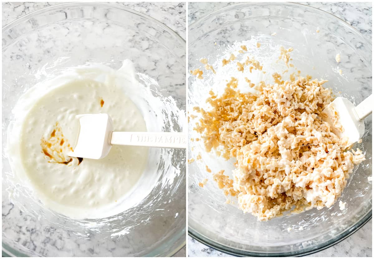 process shots - adding crisp rice cereal to melted marshmallows