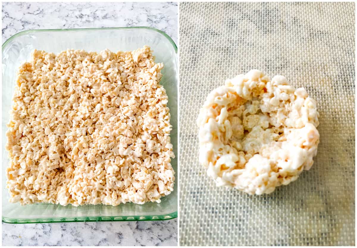 process shots - pan of rice krispie treats and a rice krispie nest