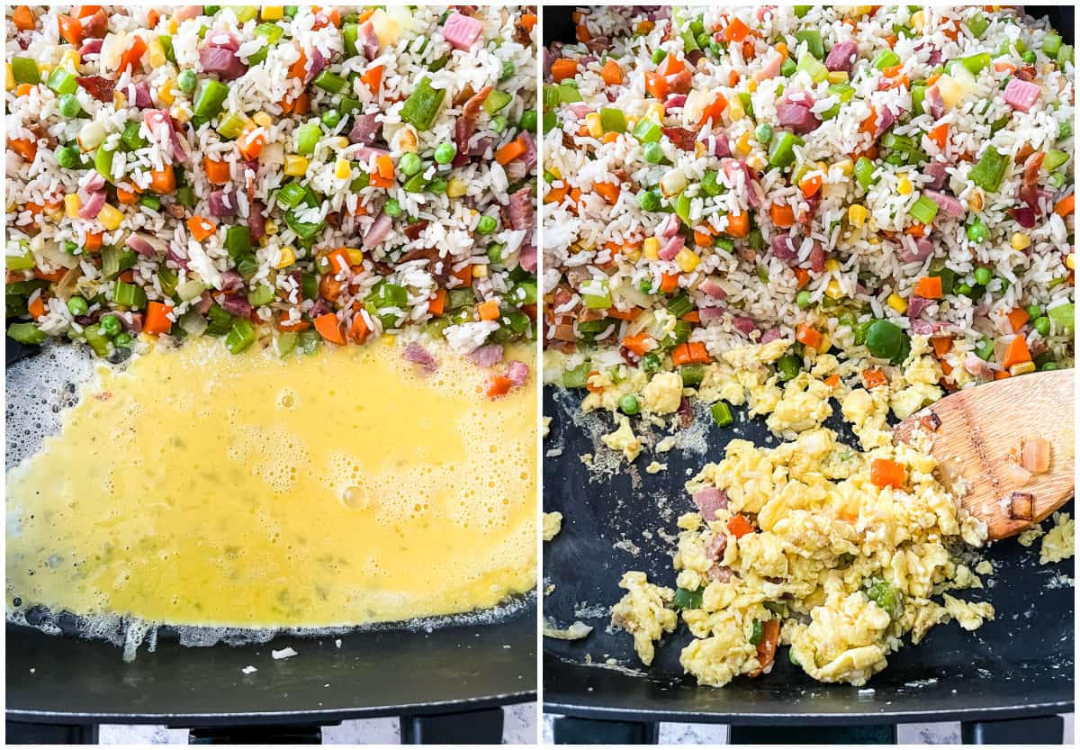 cooking eggs in the side of a skillet with rice and vegetables
