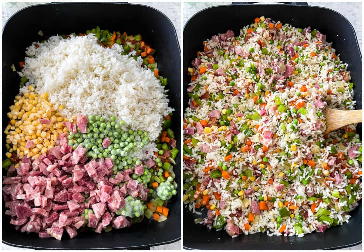 fried rice with ham in a skillet