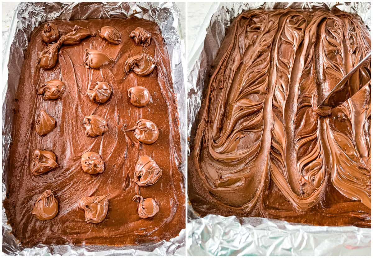 process shots- swirling nutella into brownie batter with a knife