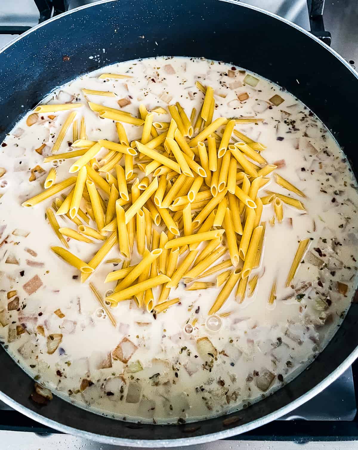 skillet with onions, garlic, spices, broth, milk, and dry pasta
