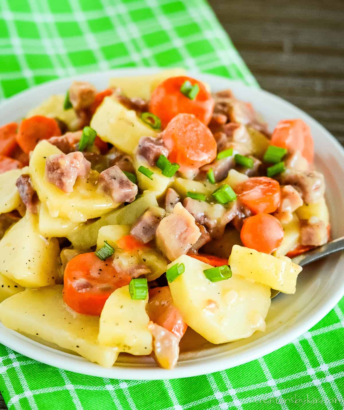 ham potato casserole on a plate with a green dish towel underneath