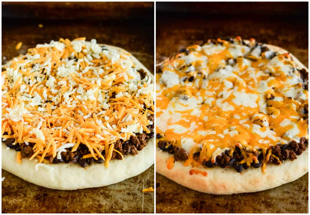 process shots - unbaked and baked pizza