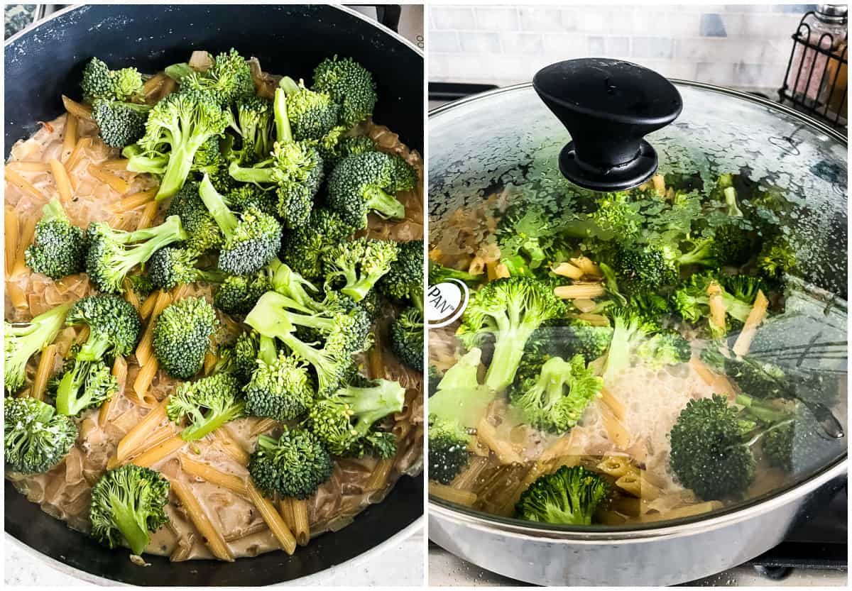 process shots - broccoli and pasta cooking in a skillet with other ingredients
