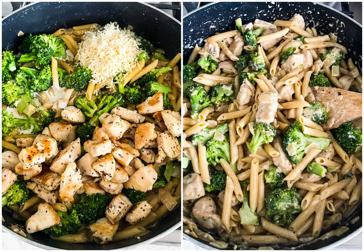 process shots - creamy broccoli chicken and pasta cooking in a skillet
