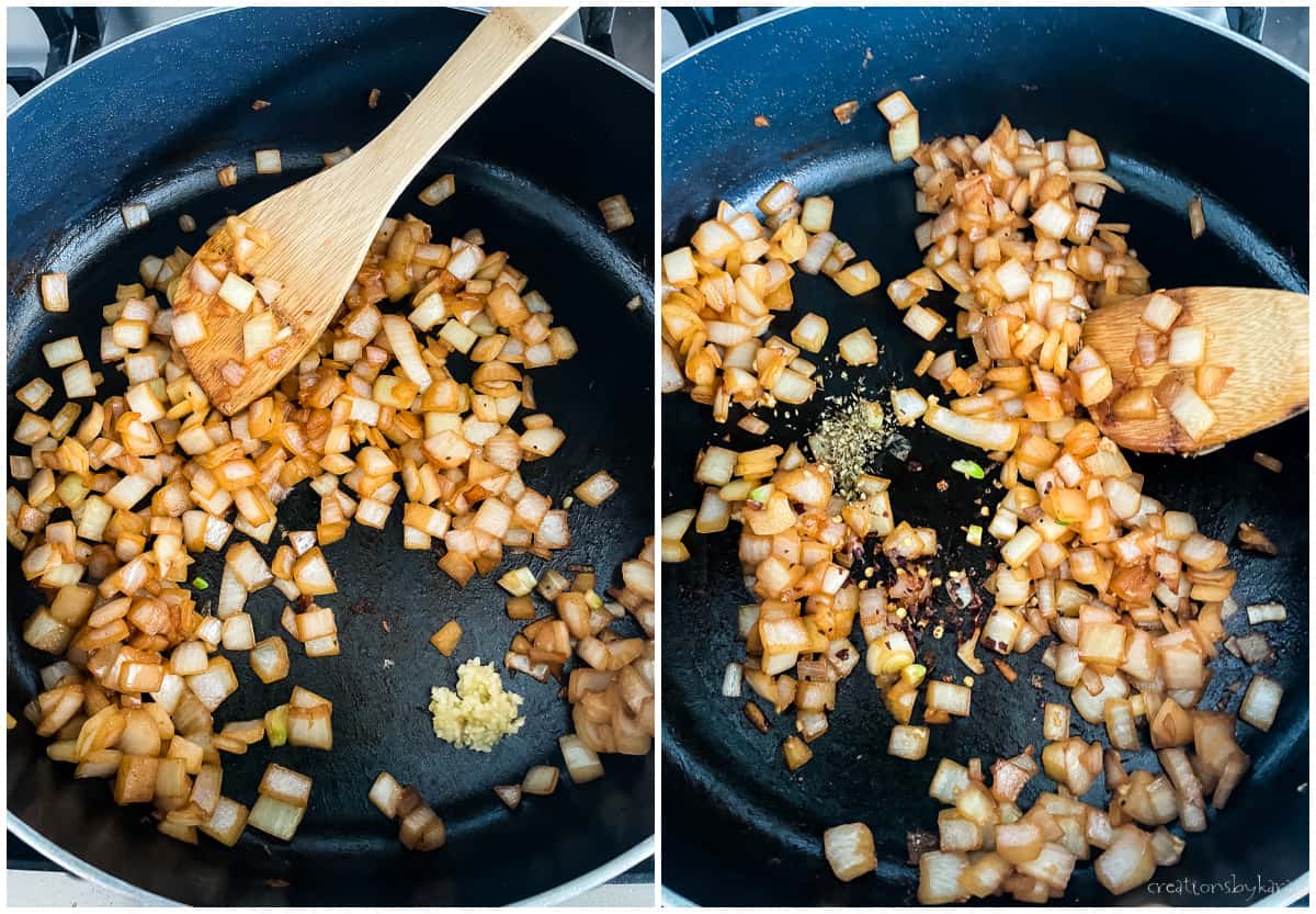 process shots - onions, garlic, and spices being sauteed in a skillet