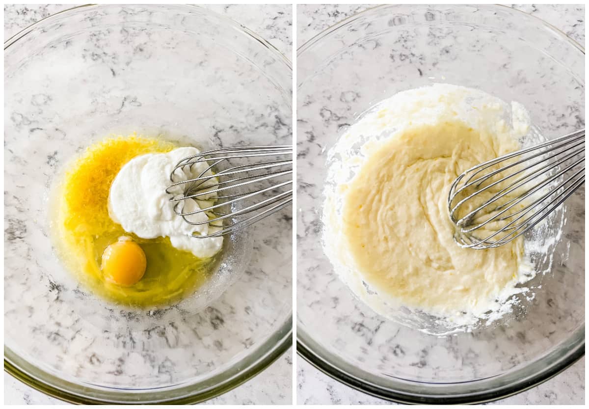 process shots - bowl of oil, egg, butter, yogurt, and lemon zest