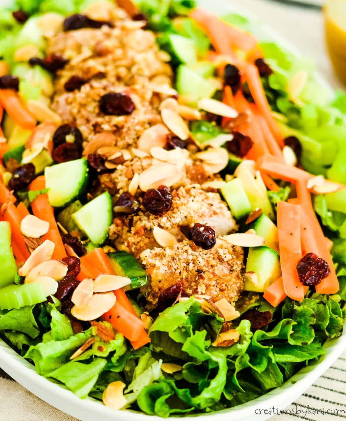 green salad topped with chicken, craisins, and almonds