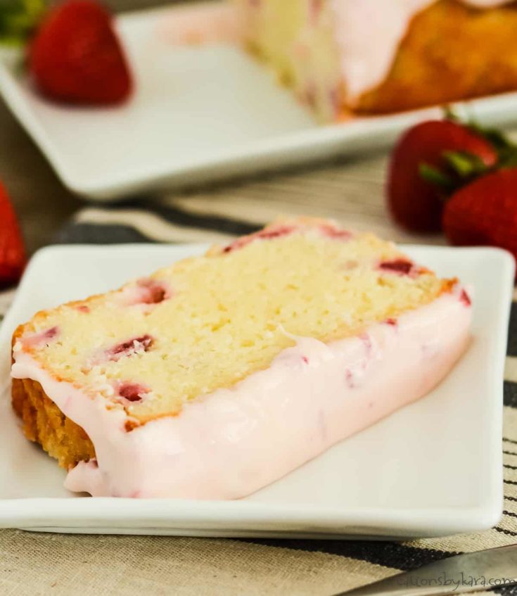slice of strawberry pound cake on a white plate
