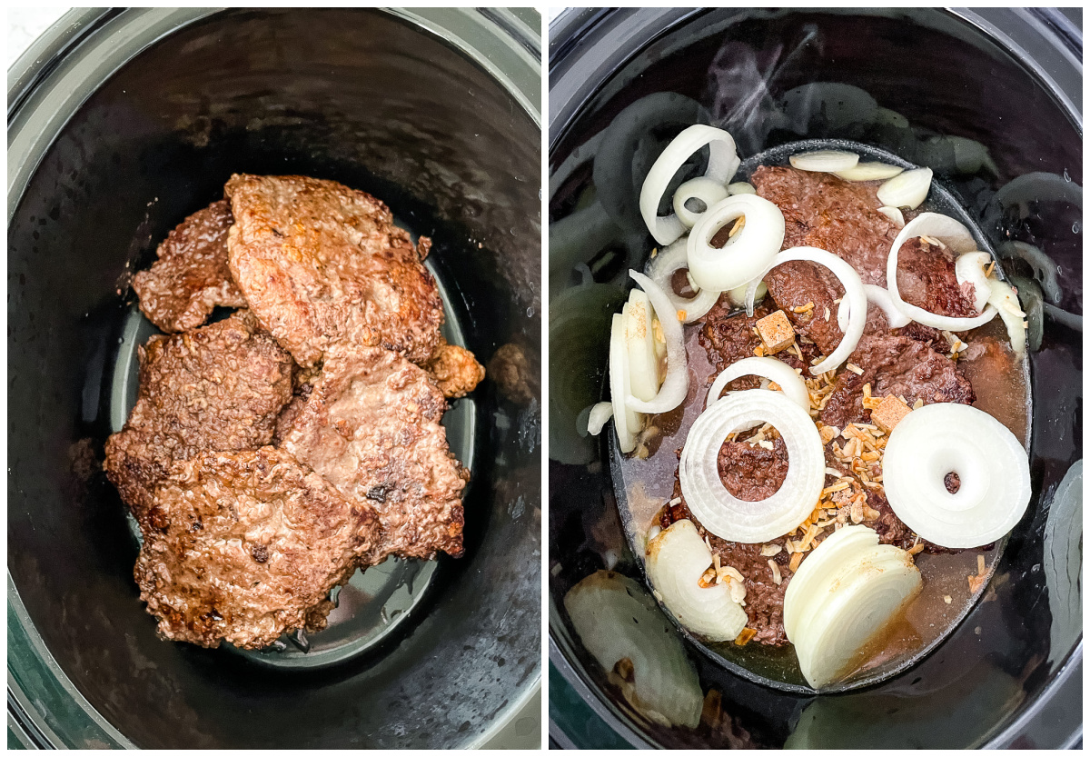 process shots - meat, onions, seasonings, and broth in a crock pot