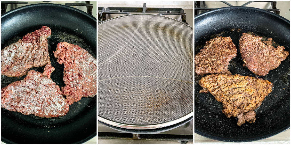 process shots - browning steak using a splatter screen