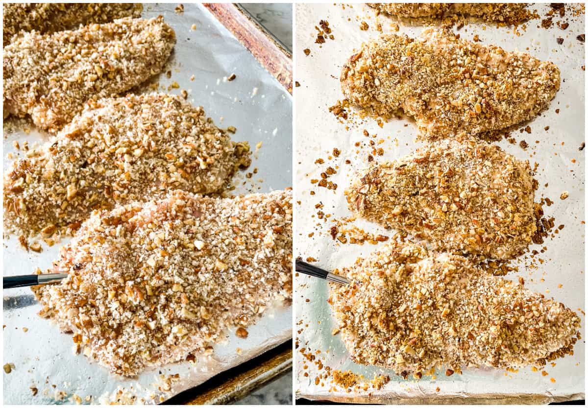process shots - raw and baked chicken breast on a pan