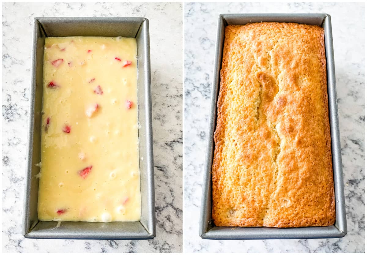 pan of cake batter and baked loaf cake