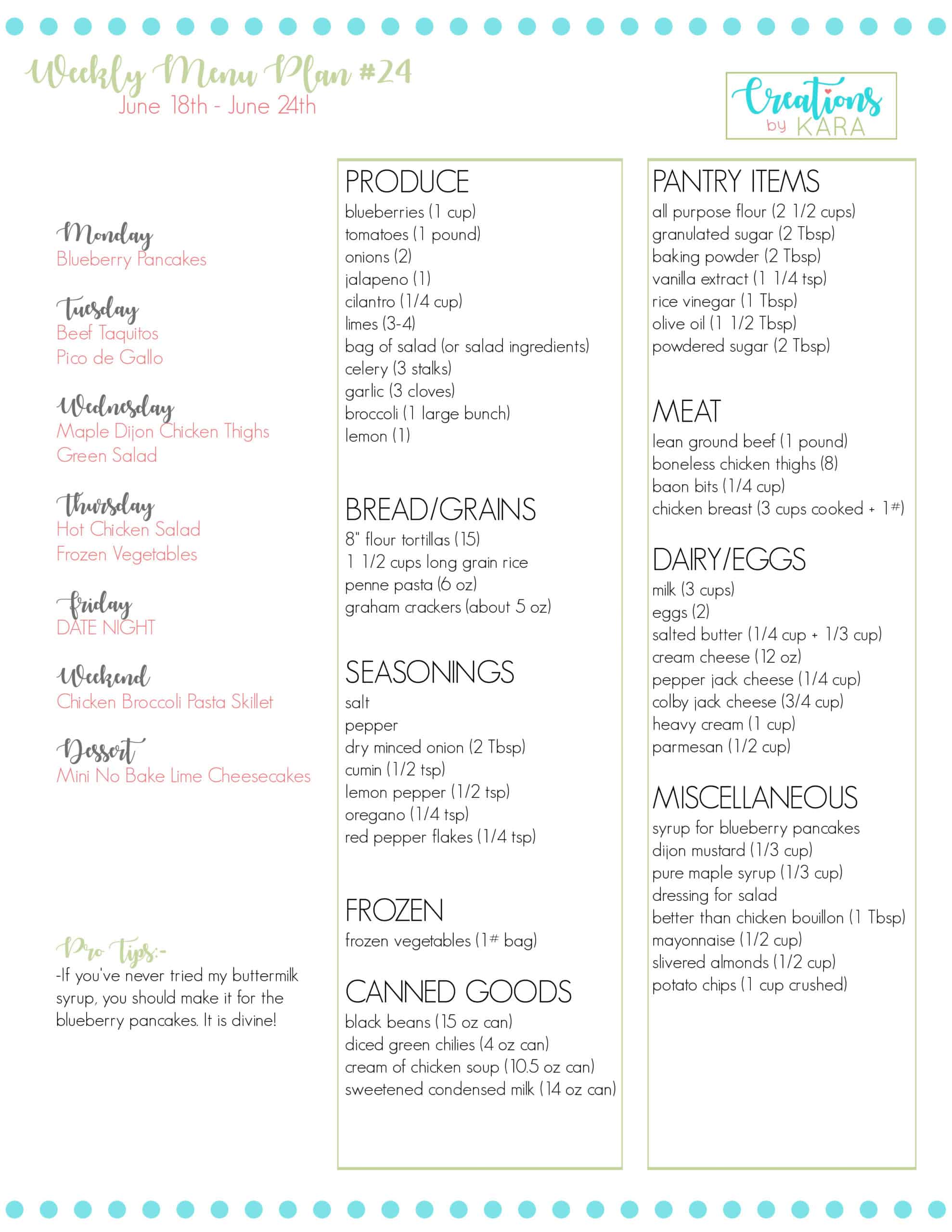 weekly meal plan #24 grocery list