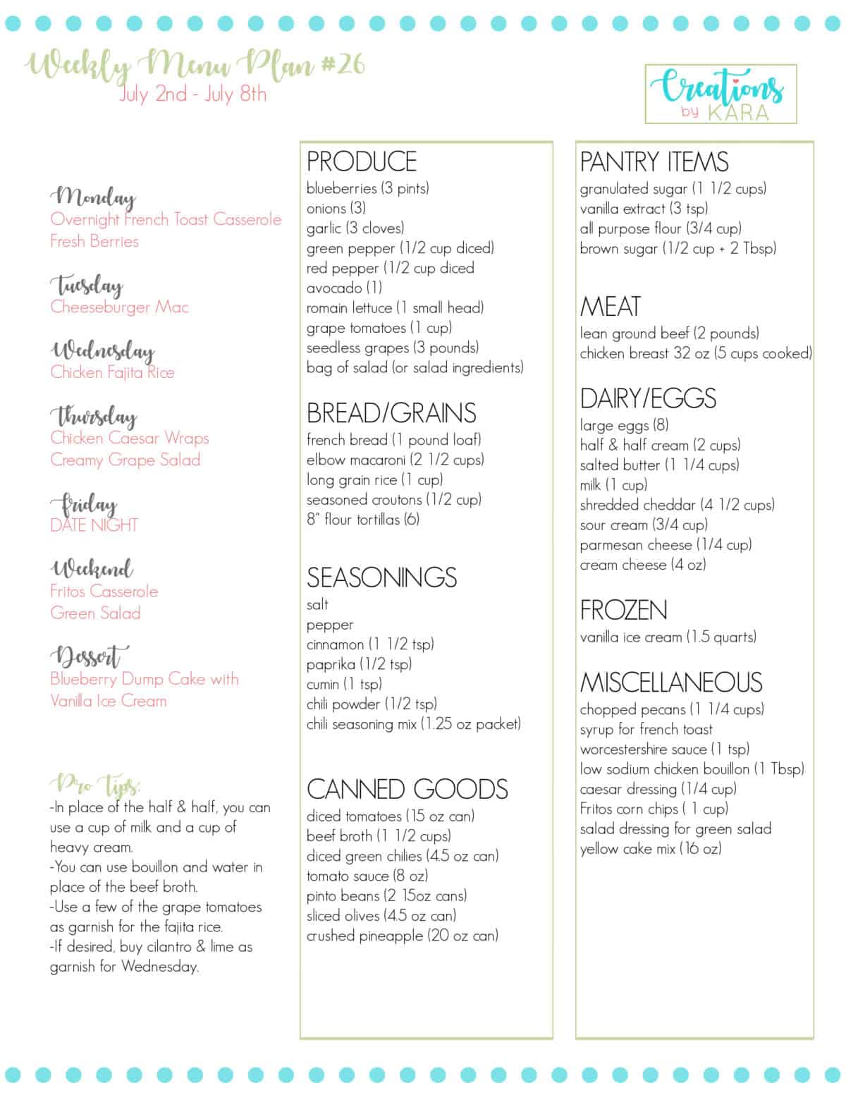 weekly meal plan #26 free printable grocery list