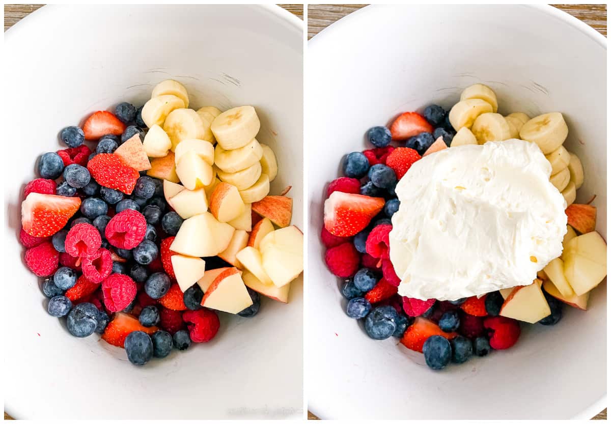 bowl of fruit with cream cheese filling on top