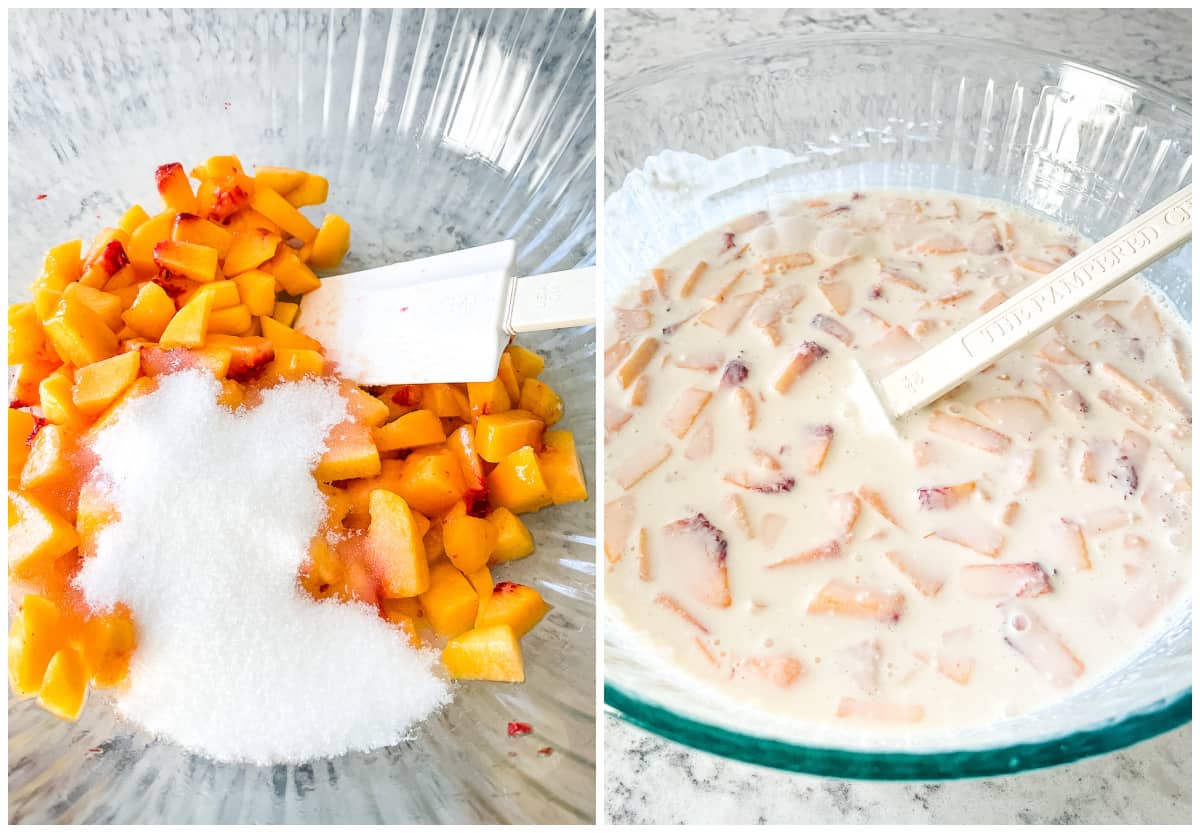 process shots - mixing together peaches, sugar, cream, milk, and flavorings