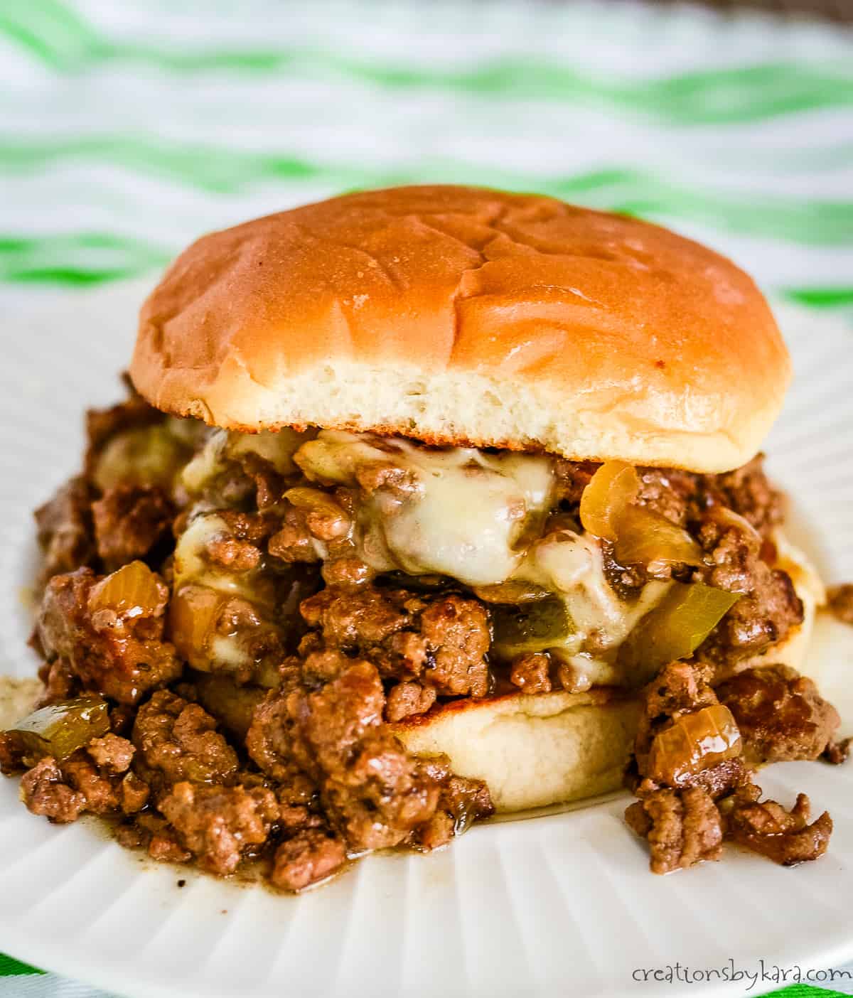 close up of philly cheese steak sloppy joe on a toasted bun