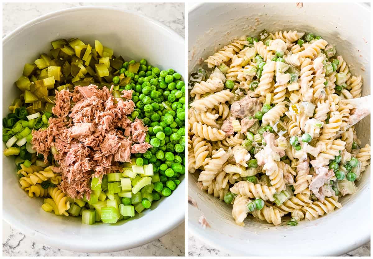 process shots - adding ingredients to pasta salad